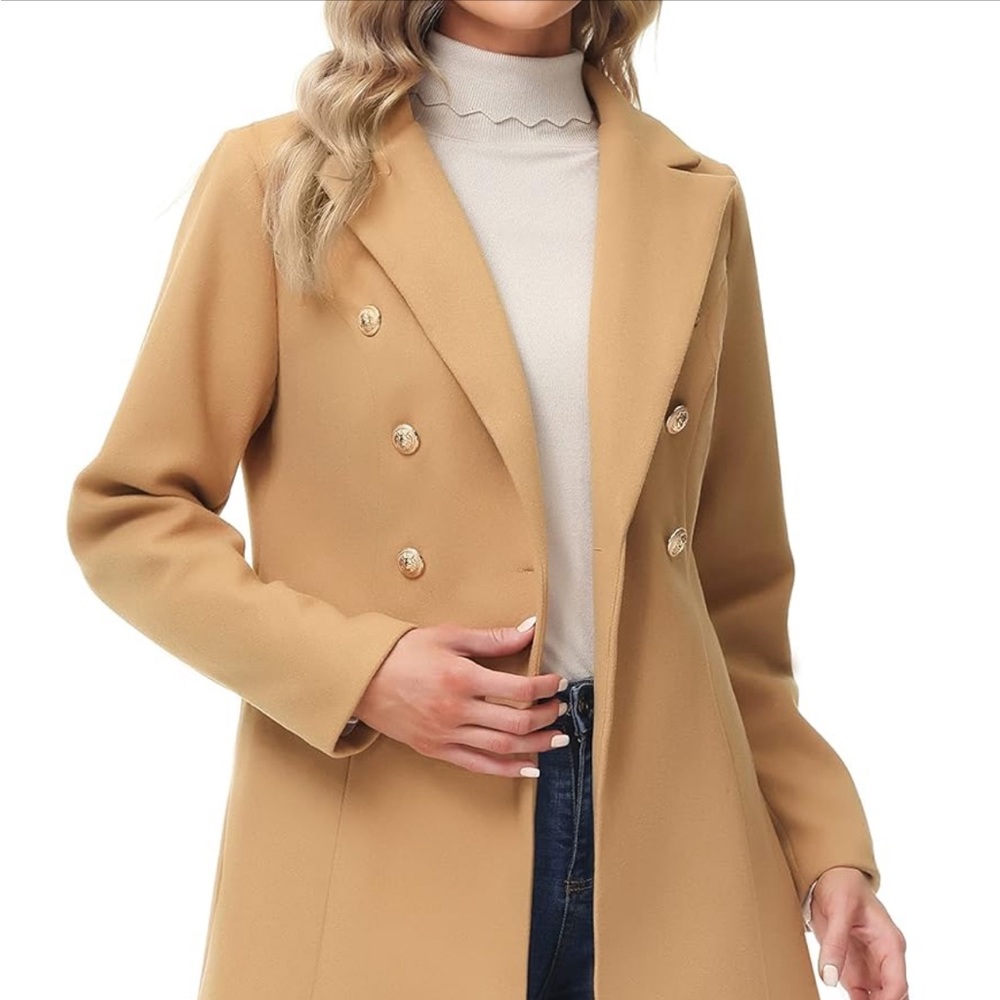 Women Elegant Notched Collar Double Breasted Wool Blend Over Coat